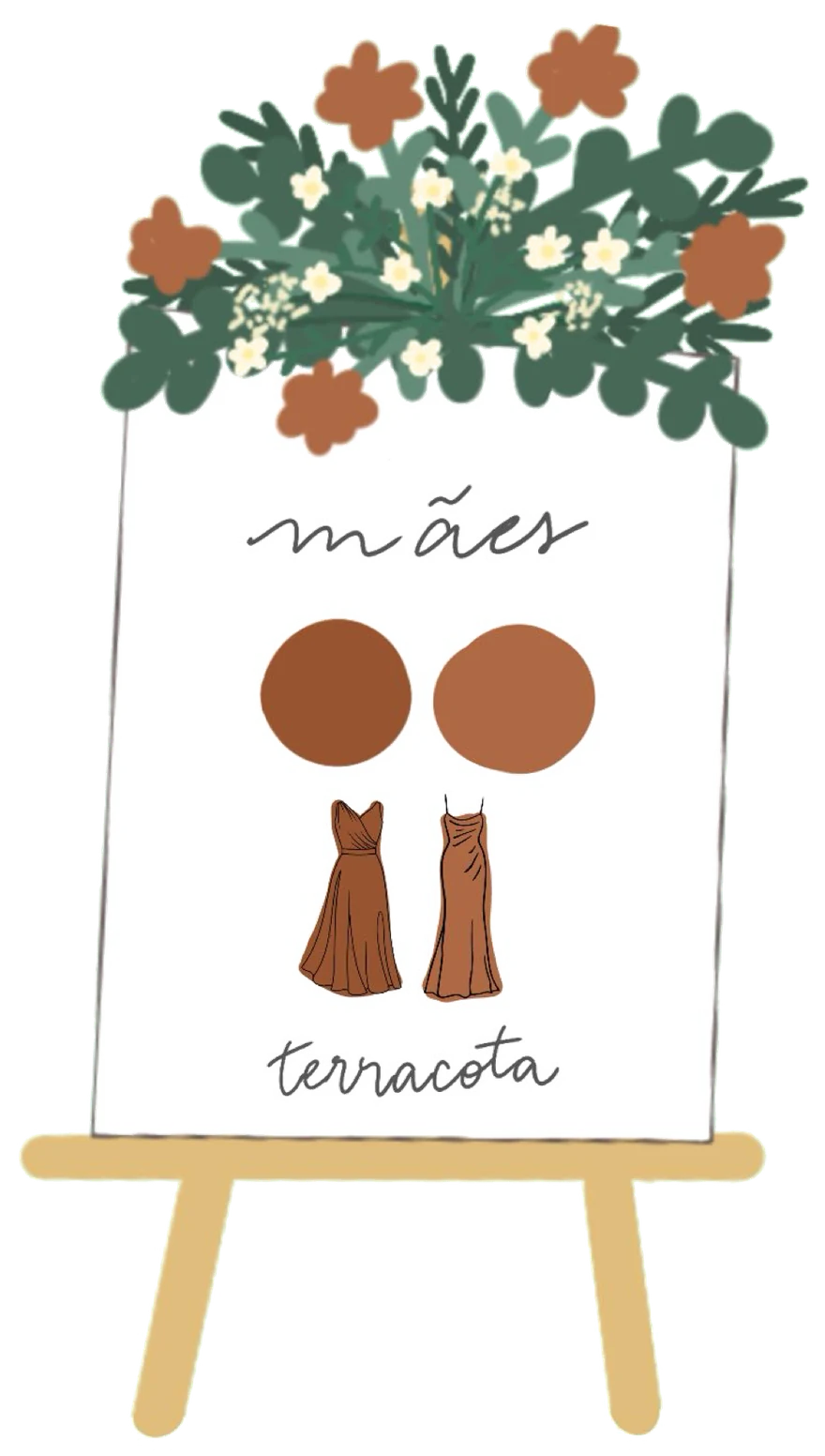 Cartaz do casamento: mães, terracota. Dois tons de terracota e dois modelos de vestido longo.