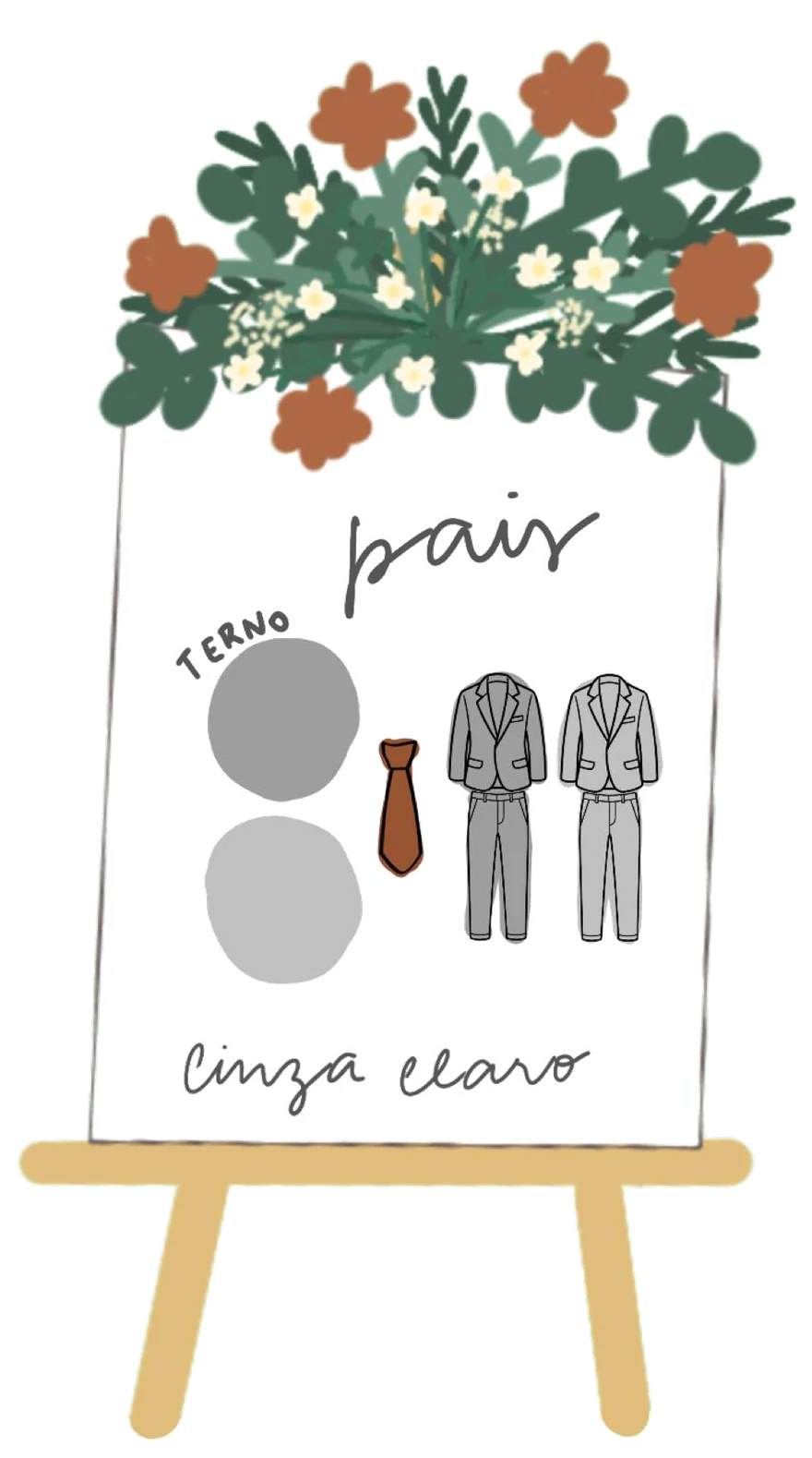 Cartaz do casamento: pais. Terno cinza claro com gravata terracota.